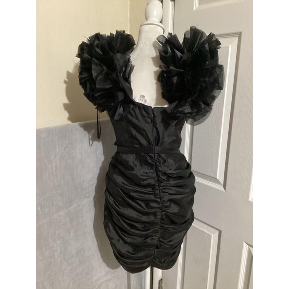Mable Dress Womens Medium Black Ruched Mini Puff Sleeve Deep V Waist Tie MDB438 - Picture 4 of 7